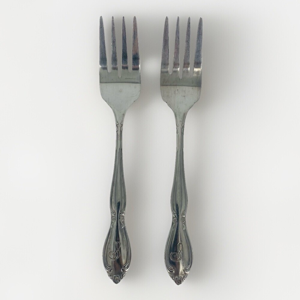 Set of 2 Vintage Customcraft China Stainless Dinner Forks Monogram C Floral